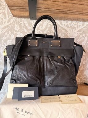 rag & bone Large Black Pilot Bag Black Leather Made in Italy Brass Hardware $798